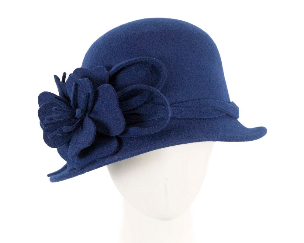 Blue felt winter hat with flower by Max Alexander-0